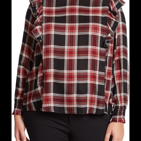 PLUS SIZE Jessica Simpson Plaid Ruffle Sleeve Top - Red and Black - Picture 1 of 5